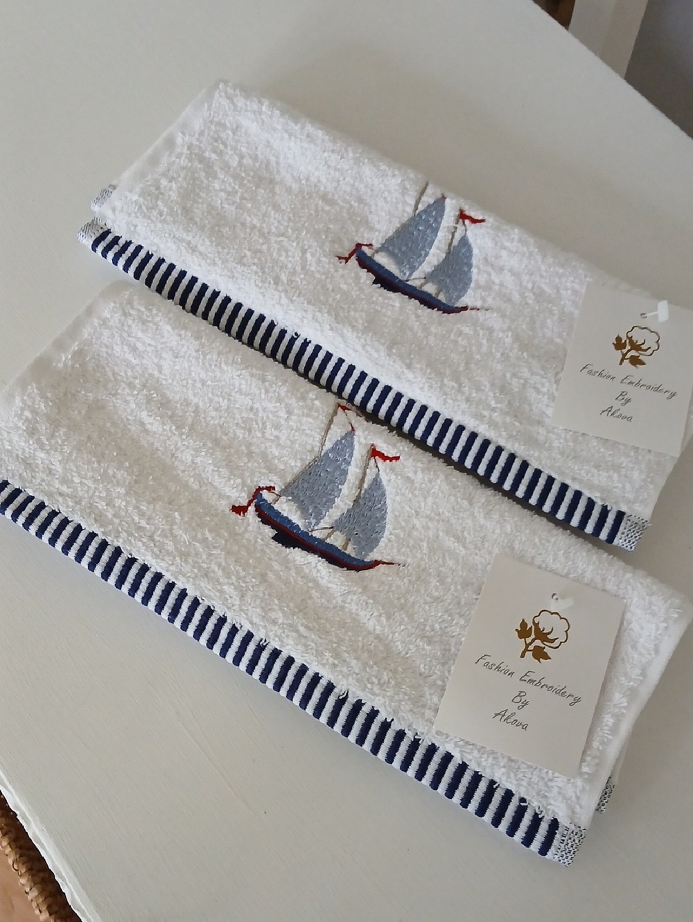 White Nautical Blue Sailboat Cotton Terrycloth Fingertip Towels Striped Border-2
